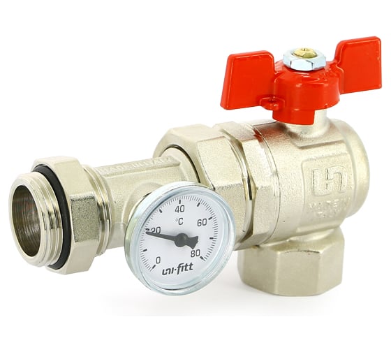 Изображение товара Угловой кран Uni-Fitt НВ 1" с разъёмным соединением и термометром для коллекторных групп, полнопроходной, бабочка 138T4000