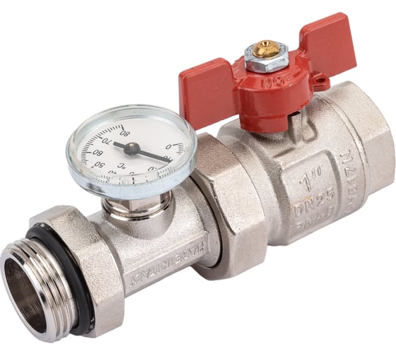 Изображение товара Кран Uni-Fitt НВ 1" с разъёмным соединением и термометром для коллекторных групп, полнопроходной, бабочка 118T4000