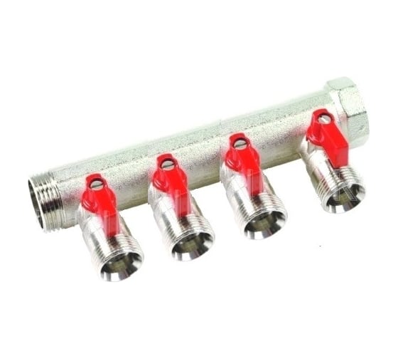 Изображение товара Коллектор с красными шаровыми кранами HENCO 3/4"НР под евроконус, 3/4"-4xEK14,16,18,20 VB050504-ROOD