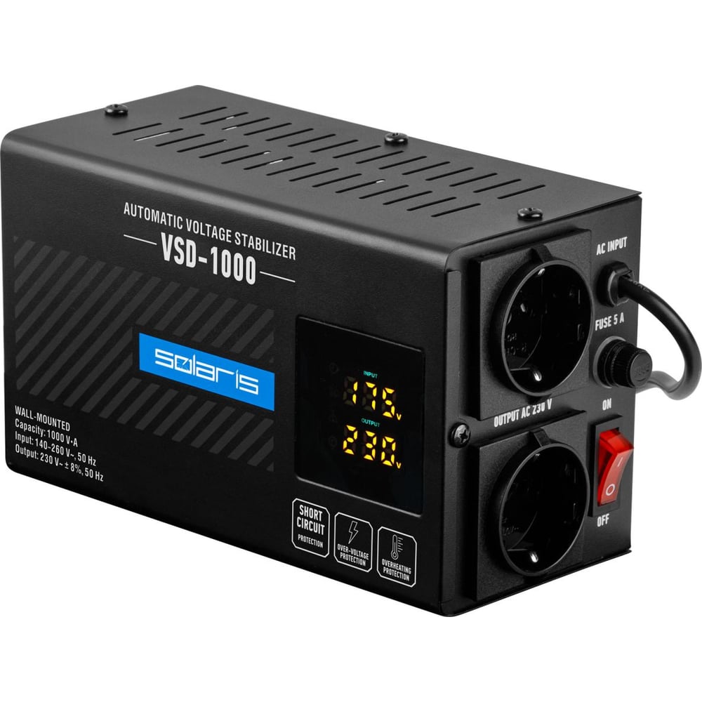 Изображение товара Стабилизатор напряжения SOLARIS VSD-1000 SL4510-2 бытовой с цифровой индикацией