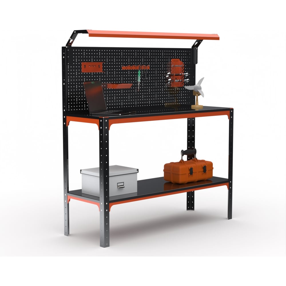 Стол-верстак ООО Металекс серия KIT 950х1300х500, одна полка, перфопанель с комплектом освещения, оранжево-чёрный 204916