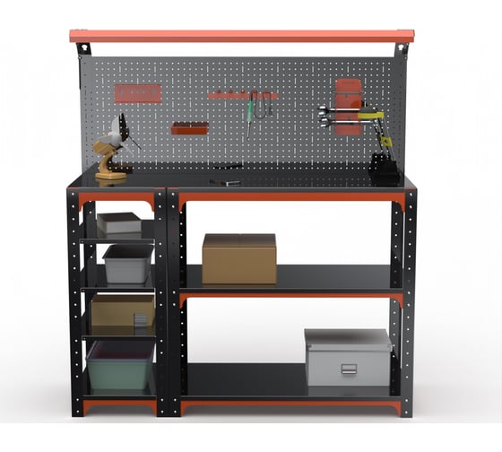 Изображение товара Стол-верстак ООО Металекс серия KIT 950х1000х400, с боковыми полками, перфопанелью и комплектом освещения, оранжево-черный 204745