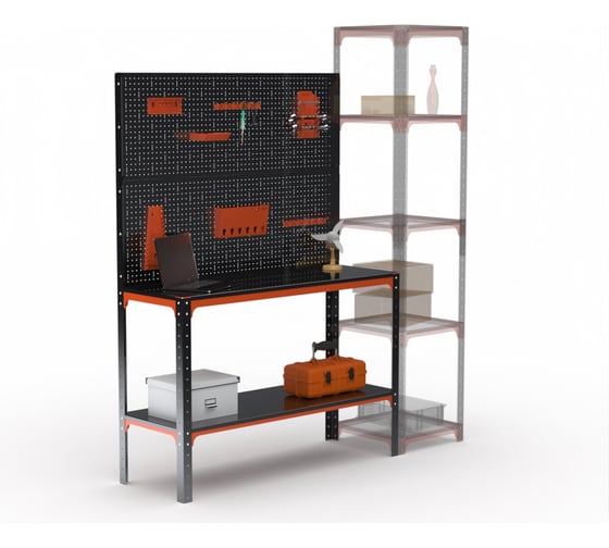 Изображение товара Стол-верстак ООО Металекс серия KIT 950х1700х600, одна полка, двойная перфопанель с комплектом аксессуаров, оранжево-черный 204680
