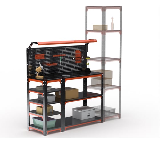 Изображение товара Стол-верстак ООО Металекс серия KIT 950х1500х400, с боковыми полками, перфопанелью и комплектом освещения, оранжево-черный 204750