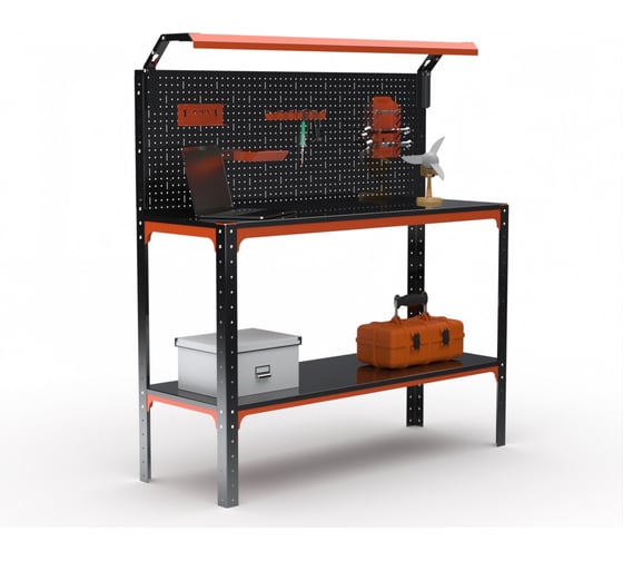 Изображение товара Стол-верстак ООО Металекс серия KIT 950х1400х400, одна полка, перфопанель с комплектом освещения, оранжево-чёрный 204908