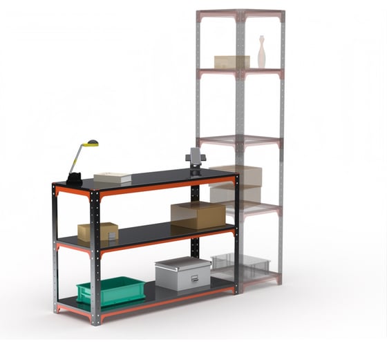 Изображение товара Стол-верстак ООО Металекс серия KIT 950х1500х400, две полки, оранжево-черный 204498