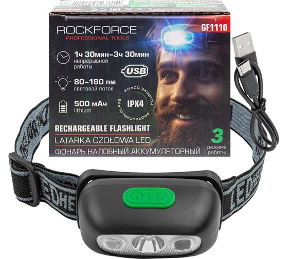 Изображение товара Фонарь светодиодный налобный аккумуляторный Rockforce с сенсором бесконтактного включения RF-GF1110(60449)