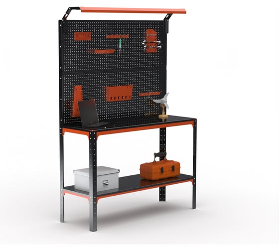 Изображение товара Стол-верстак ООО Металекс серия KIT 950х1500х600 мм, одна полка + двойная перфопанель с комплектом освещения, оранжево-чёрный 204900