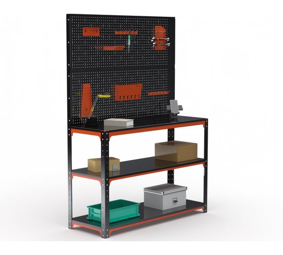 Изображение товара Стол-верстак ООО Металекс серия KIT 950х1100х600 мм, две полки + двойная перфопанель с комплектом аксессуаров, оранжево-чёрный 204701