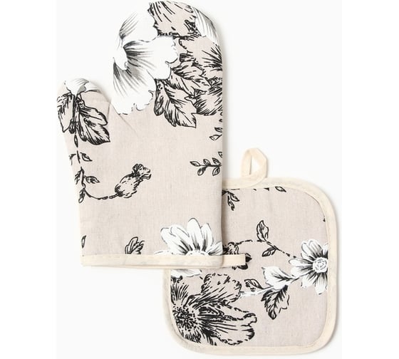 Изображение товара Кухонный набор из 2 предметов Доляна Цветы, прихватка 17*17 см, варежка-прихватка 26*16 см, 100% хлопок 10513419