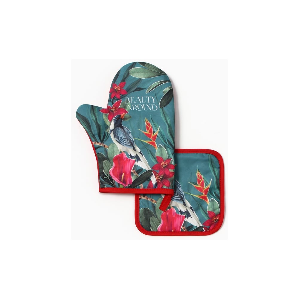 Изображение товара Кухонный набор Доляна Beauty варежка и прихватка 20x27 см 17x17 см полиэстер