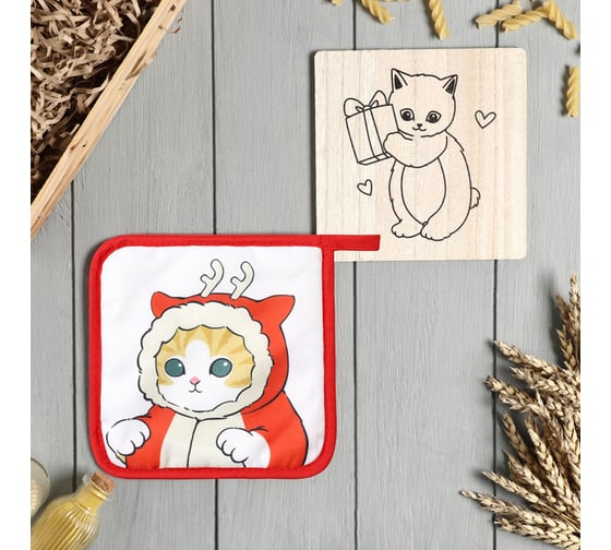Изображение товара Набор кухонный Доляна Котик, подставка 15*15 см, прихватка 17*17 см 10256431