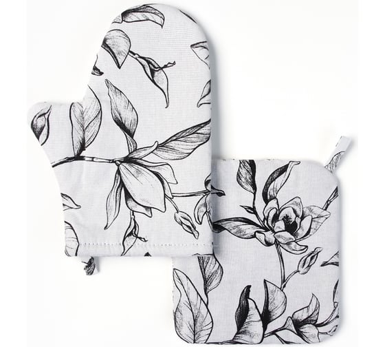 Изображение товара Набор кухонный Доляна Plant leaves, варежка 20x27 см, прихватка 19x19 см, 100% хлопок, 250 г/м2 10744947
