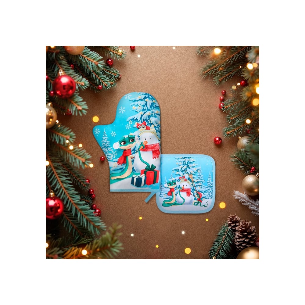 Изображение товара Набор кухонный Доляна Christmas story, прихватка 17x17 см, варежка-прихватка 20x28 см, 35% хлопок, 65% п/э 10330168