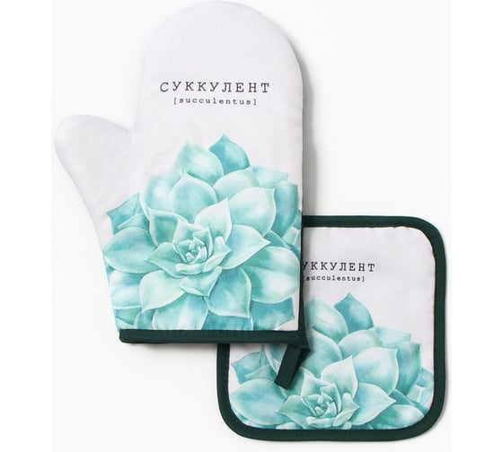 Изображение товара Набор кухонный Доляна Суккулент, варежка-прихватка 20x27 см, прихватка 17x17 см, 100% п/э 10425151