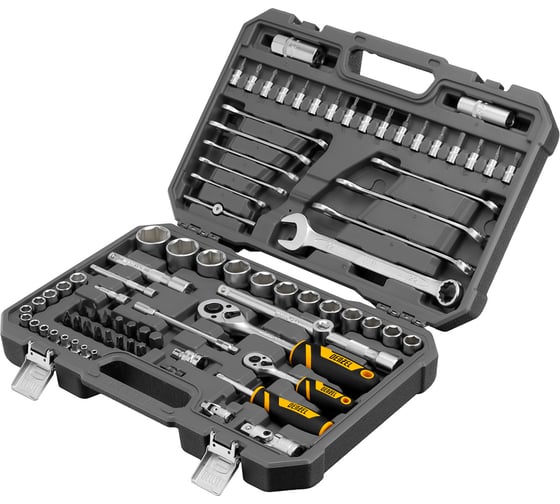Изображение товара Набор инструментов Denzel 1/2", 1/4", CrV, S2, пластиковый кейс, 82 предмета 15809