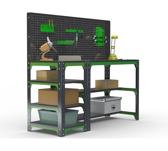 Изображение товара Стол металлический ООО Металекс серия KIT 750x1600x600 мм, с боковыми полками и перфопанелью 201090