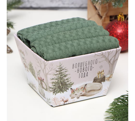 Изображение товара Набор кухонных полотенец Доляна цвет хаки, 35x60 см, 4 шт, 100% хлопок, вафля 220 г/кв.м 9836662