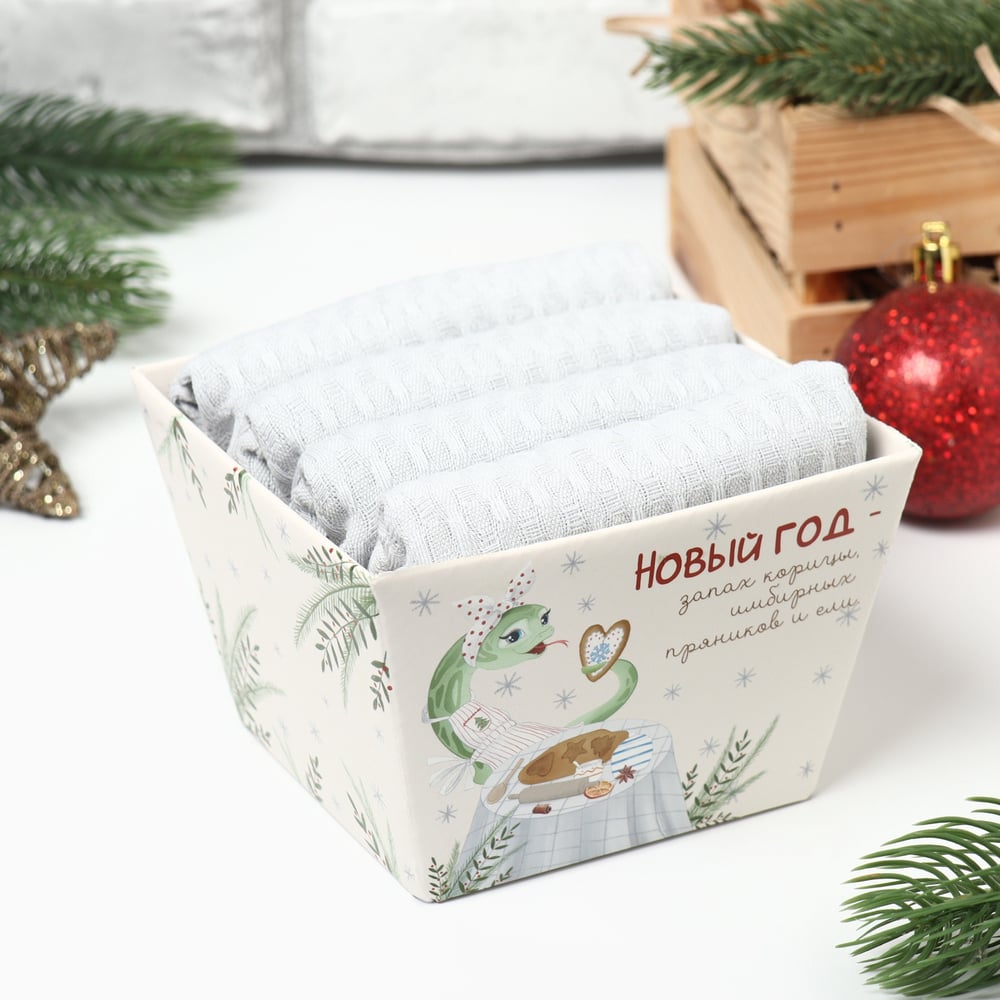 Изображение товара Набор кухонных полотенец Доляна цвет серый, 35x60 см, 4 шт, 100% хлопок, вафля 220 г/кв.м 10783386