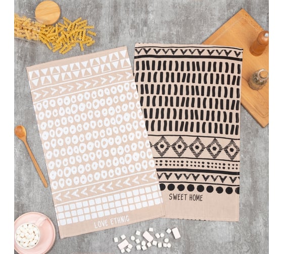Изображение товара Набор кухонных полотенец Доляна LOVE ETHNIC 35x60 см 2 шт, 100% хлопок 5423101
