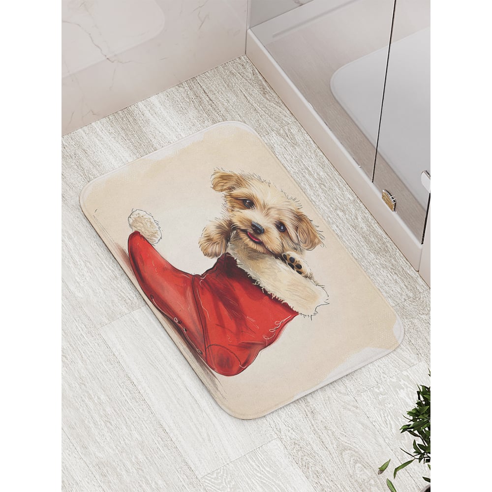 Изображение товара Коврик для ванной комнаты JoyArty Щенок в валенке 52x77 см новогодний мехур