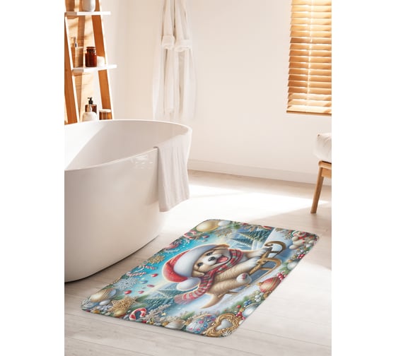 Изображение товара Коврик для ванной комнаты и туалета противоскользящий JoyArty "Счастливый щенок" 60x100 см, серия Новый год и Рождество bath_sd3862_60x100