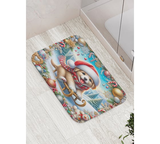 Изображение товара Коврик для ванной комнаты и туалета противоскользящий JoyArty "Счастливый щенок" 52x77 см, серия Новый год и Рождество bath_sd3862