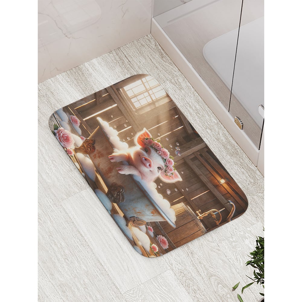 Изображение товара Коврик для ванной комнаты противоскользящий JoyArty Хрюша с розами 52x77 см