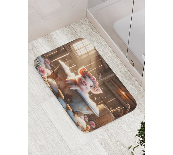 Изображение товара Коврик для ванной комнаты и туалета противоскользящий JoyArty "Хрюша с розами" 52x77 см bath_sd3576