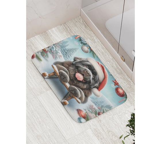 Изображение товара Коврик для ванной комнаты и туалета противоскользящий JoyArty "Пес на санках" 52x77 см, серия Новый год и Рождество bath_sd3867