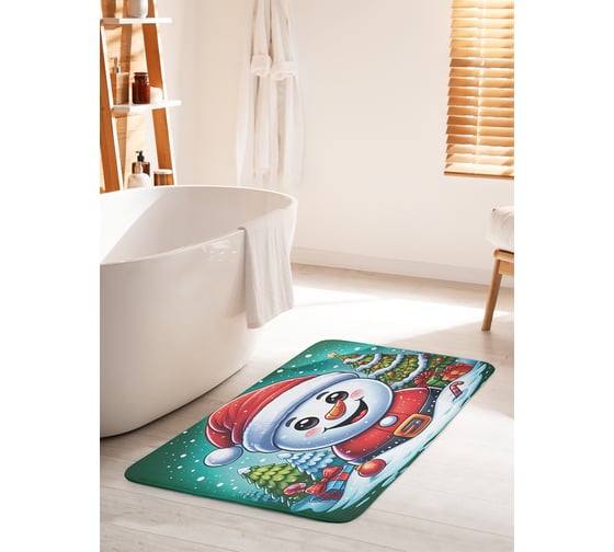 Изображение товара Коврик для ванной комнаты и туалета противоскользящий JoyArty "Снеговик с подарками" 60x100 см, серия Новый год и Рождество bath_sd3927_60x100