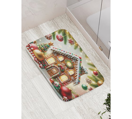 Изображение товара Коврик для ванной комнаты и туалета противоскользящий JoyArty "Пряничный домик" 52x77 см, серия Новый год и Рождество bath_sd3882