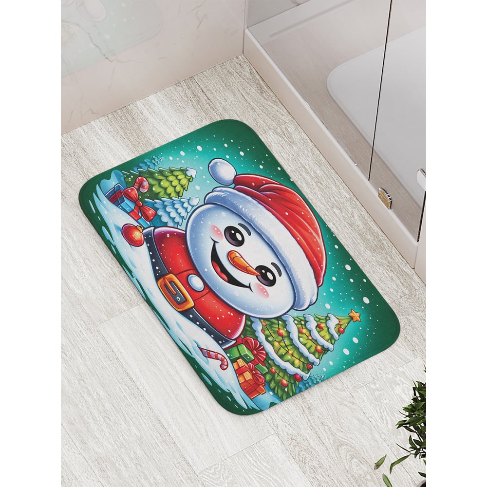 Изображение товара Коврик для ванной комнаты и туалета JoyArty Снеговик с подарками 52x77 см новогодний дизайн