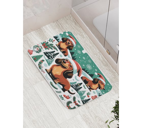 Изображение товара Коврик для ванной комнаты и туалета противоскользящий JoyArty "Таксы на прогулке" 52x77 см, серия Новый год и Рождество bath_sd3878