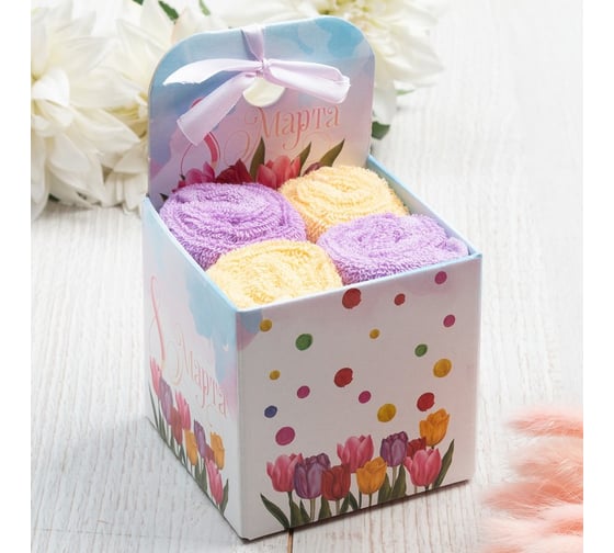 Изображение товара Набор махровых салфеток Этель С 8 Марта 30x30 см - 4 шт, 100% хлопок, 340 гр/м2 5516720