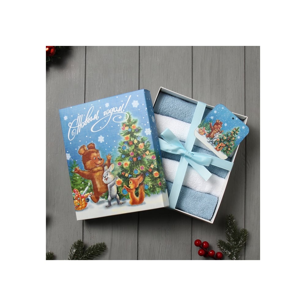 Изображение товара Набор махровых полотенец Этель Новогодняя открытка 30х30 см 5 шт
