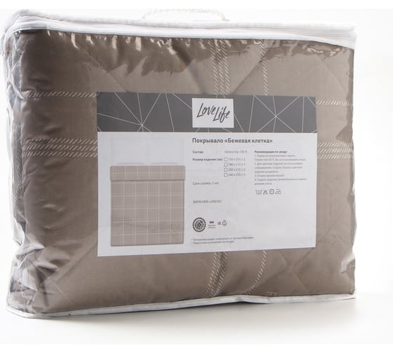 Изображение товара Покрывало LoveLife евро макси "Бежевая клетка" 240х210±5 см, микрофайбер, 100% п/э 10200691
