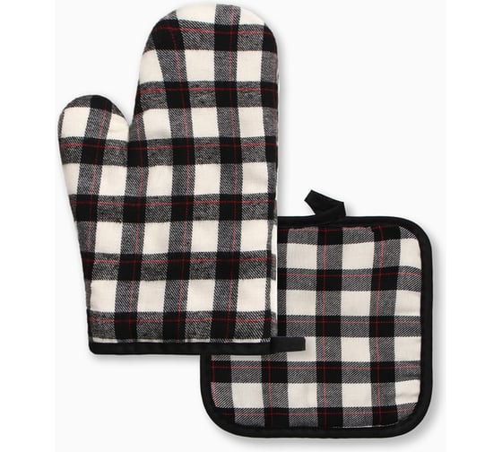Изображение товара Кухонный набор из 2 предметов Этель Клетка черный, прихватка 17*17 см, варежка-прихватка 26*16 см, 100% п/э 10513439