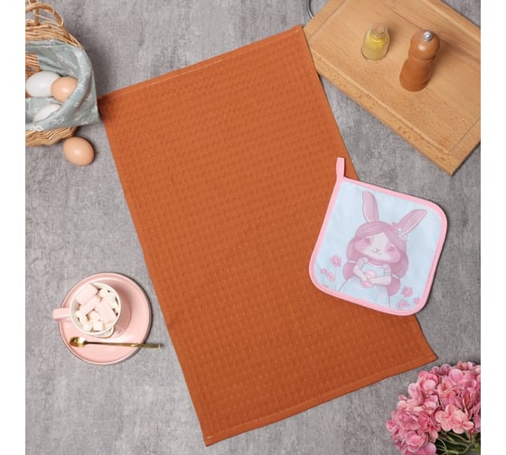 Изображение товара Набор кухонный Этель Вright day прихватка 19x19 см, полотенце вафля 35x60 см 10754573