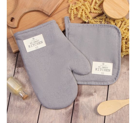 Изображение товара Набор кухонный Этель ECO, цв. серый варежка 20x28 см, прихватка 19x19 см, 70% хлопок, 30% лен, вати 9631128