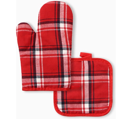 Изображение товара Кухонный набор из 2 предметов Этель Клетка красный, прихватка 17*17 см, варежка-прихватка 26*16 см, 100% п/э 10513429