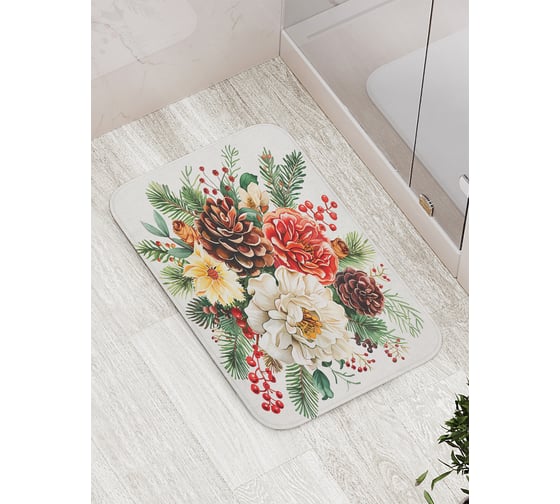 Изображение товара Коврик для ванной комнаты и туалета противоскользящий JOYARTY Букет с шишками 52x77 см, серия Новый год и Рождество bath_sd3995