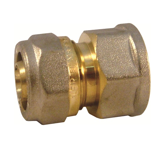 Изображение товара Муфта прямая обжимная Millennium 16 мм × 3/4" с внутренней резьбой для металлопластиковых труб — латунный фитинг для систем отопления и водоснабжения MMF3416