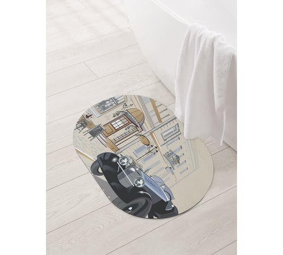 Изображение товара Коврик для ванной и туалета овальный противоскользящий JOYARTY Ретро кабриолет у кафе 58x38 см sbm_60127_58x38