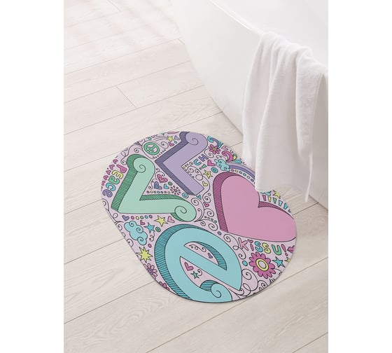 Изображение товара Коврик для ванной и туалета овальный противоскользящий JOYARTY Объемные буквы и сердца 58x38 см, серия День влюбленных и семьи sbm_41631_58x38