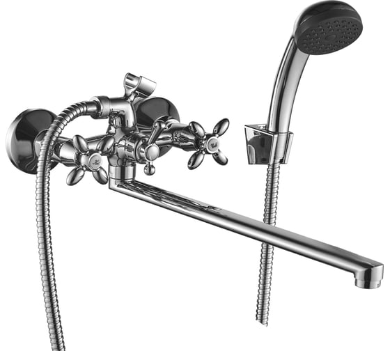 Изображение товара Двуручный смеситель для ванны Decoroom универсальный, с поворотным изливом 300 мм DR53043