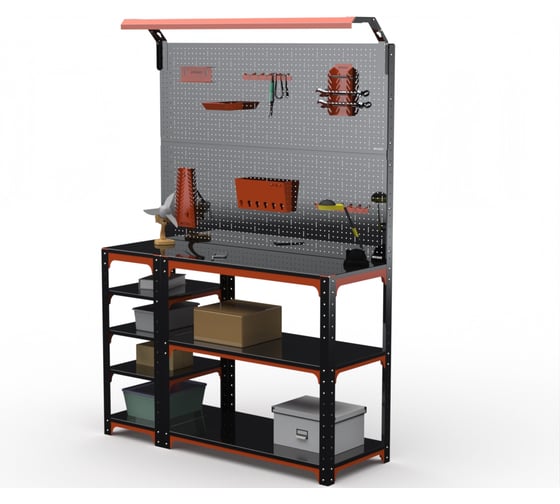 Изображение товара Стол-верстак ООО Металекс KIT 950х1100х400 (с бок. полками, 2-мя панелями и комп. освещения) (оранжево-чёрный) / 204773