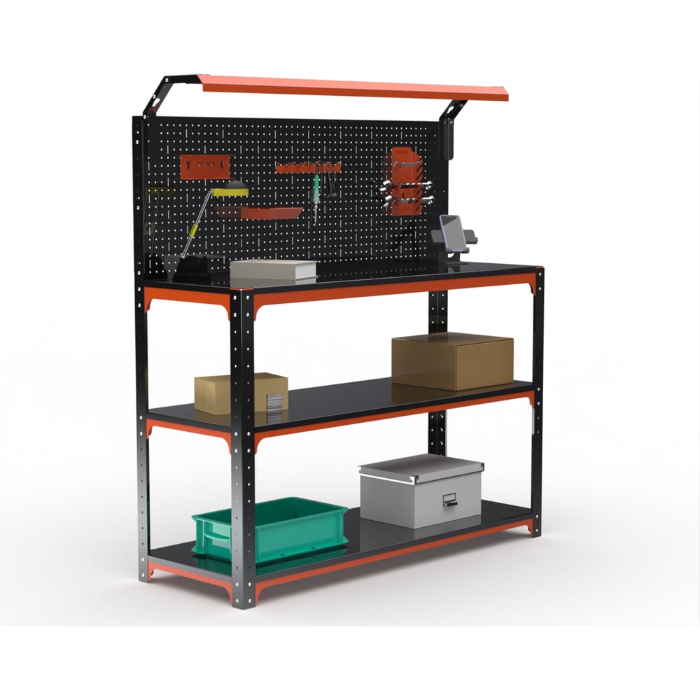 Стол-верстак ООО Металекс KIT 950х1200х400 (2-е полки, + перфопанель с комплектом освещения) (оранжево-чёрный) / 204852