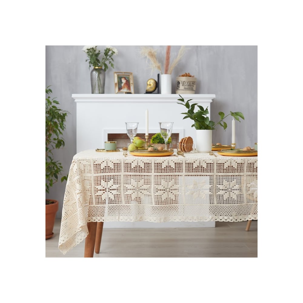 Изображение товара Скатерть Этель Цветы 130х180 см из полиэстера белая, нескользящая