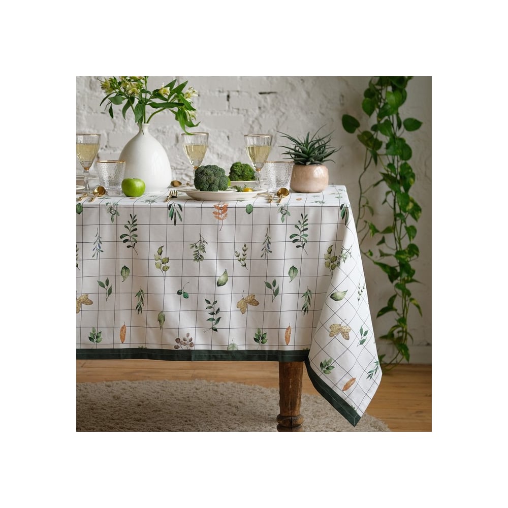 Изображение товара Скатерть Этель Flora 149х180 см хлопковая саржа белая с зелёным дизайном